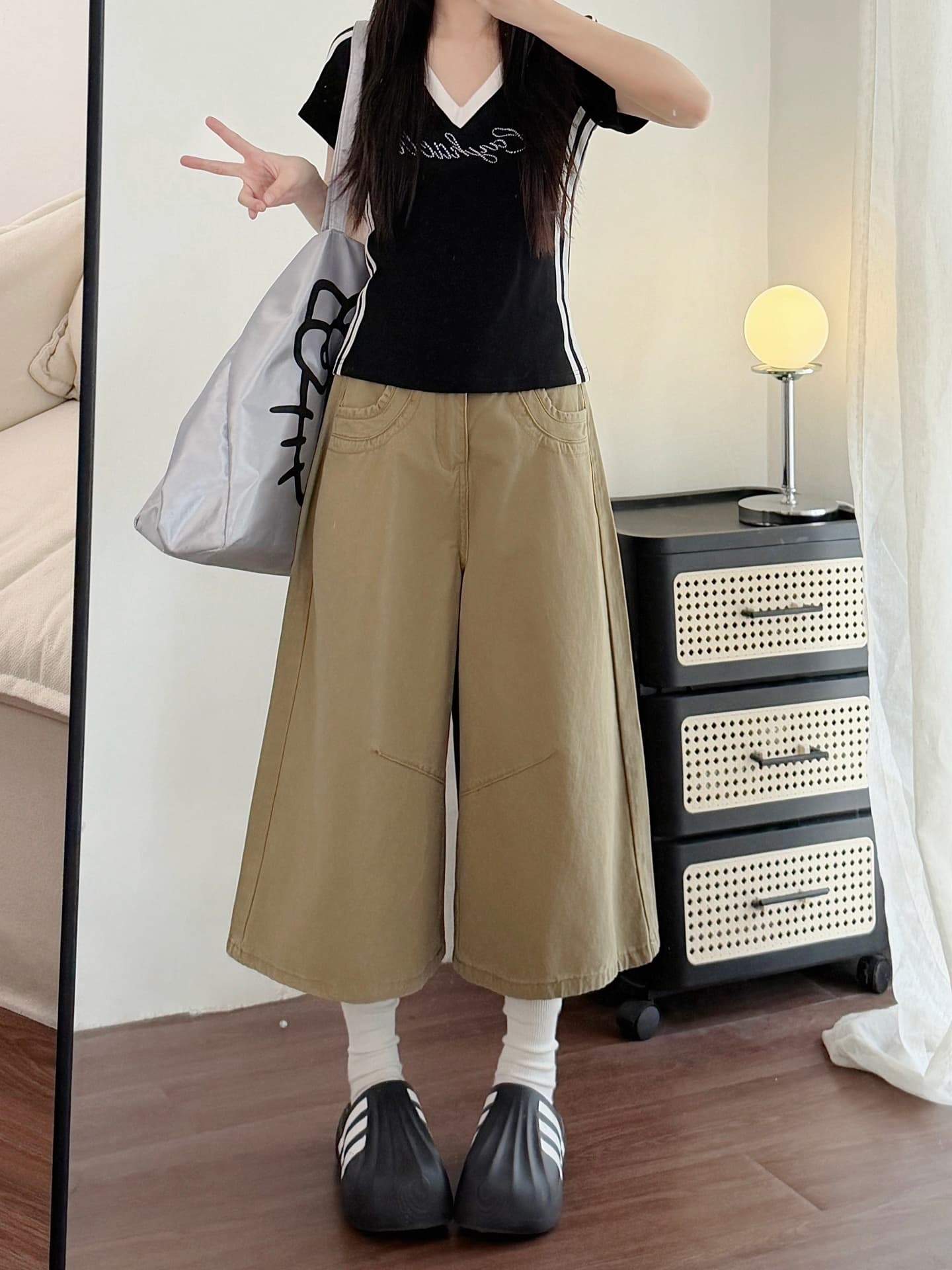 실사 레트로 카키 색 넓은 다리 데님 7부 바지 여성 여름 새로운 빅 사이즈 지방 mm 루즈핏 슬림해 보이는 스트레이트 팬츠 상세 이미지 9