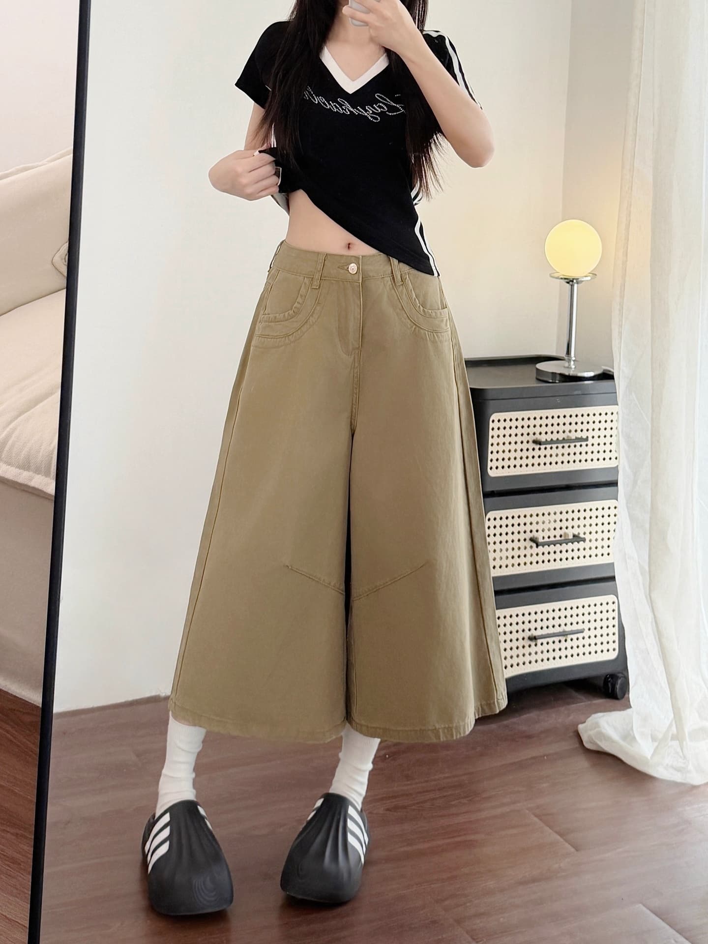 실사 레트로 카키 색 넓은 다리 데님 7부 바지 여성 여름 새로운 빅 사이즈 지방 mm 루즈핏 슬림해 보이는 스트레이트 팬츠 상세 이미지 11
