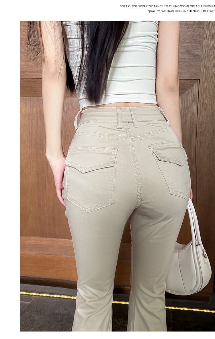 실사 한국 스타일 밀크 티 색상 변화 없는 펭 넓적 다리 v 허리 디자인 5 색 부츠컷 바지 배 모양 필수 허리 엉덩이 ~보다 하느님 바지 상세 이미지 56