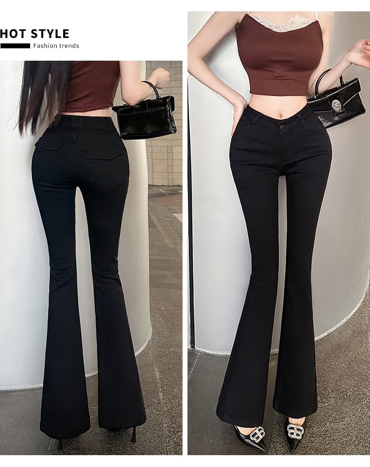 실사 한국 스타일 밀크 티 색상 변화 없는 펭 넓적 다리 v 허리 디자인 5 색 부츠컷 바지 배 모양 필수 허리 엉덩이 ~보다 하느님 바지 상세 이미지 74