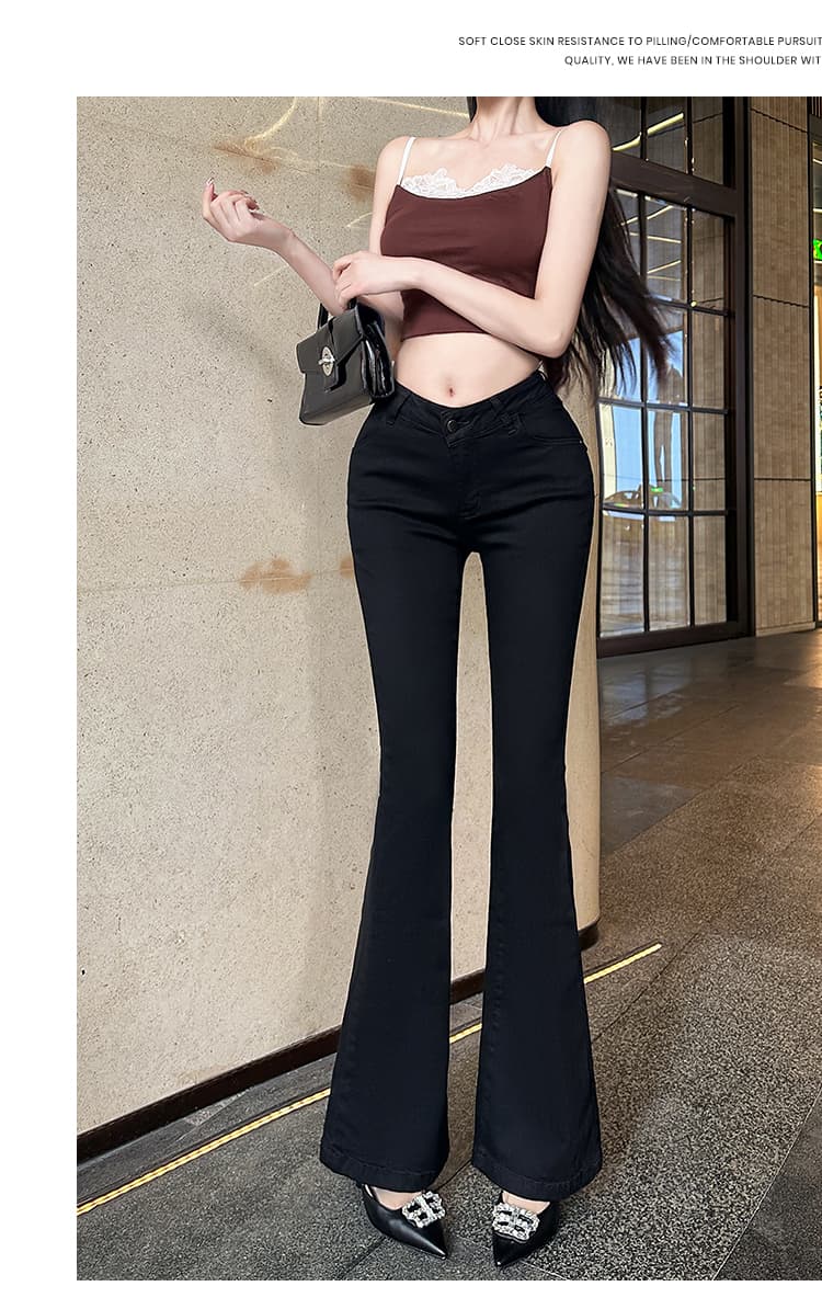실사 한국 스타일 밀크 티 색상 변화 없는 펭 넓적 다리 v 허리 디자인 5 색 부츠컷 바지 배 모양 필수 허리 엉덩이 ~보다 하느님 바지 상세 이미지 80