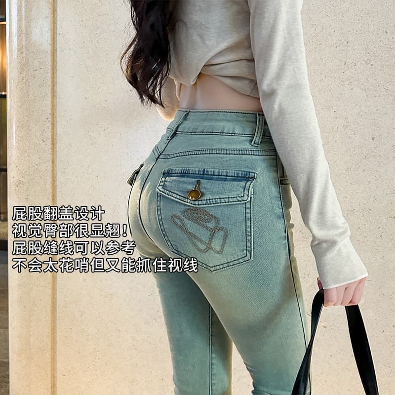 실사 아메리칸 레트로 워싱 하늘색 자수 작은 청바지 다용도 핫걸 리프트 엉덩이 타이트 연필 9부 바지 이미지 2