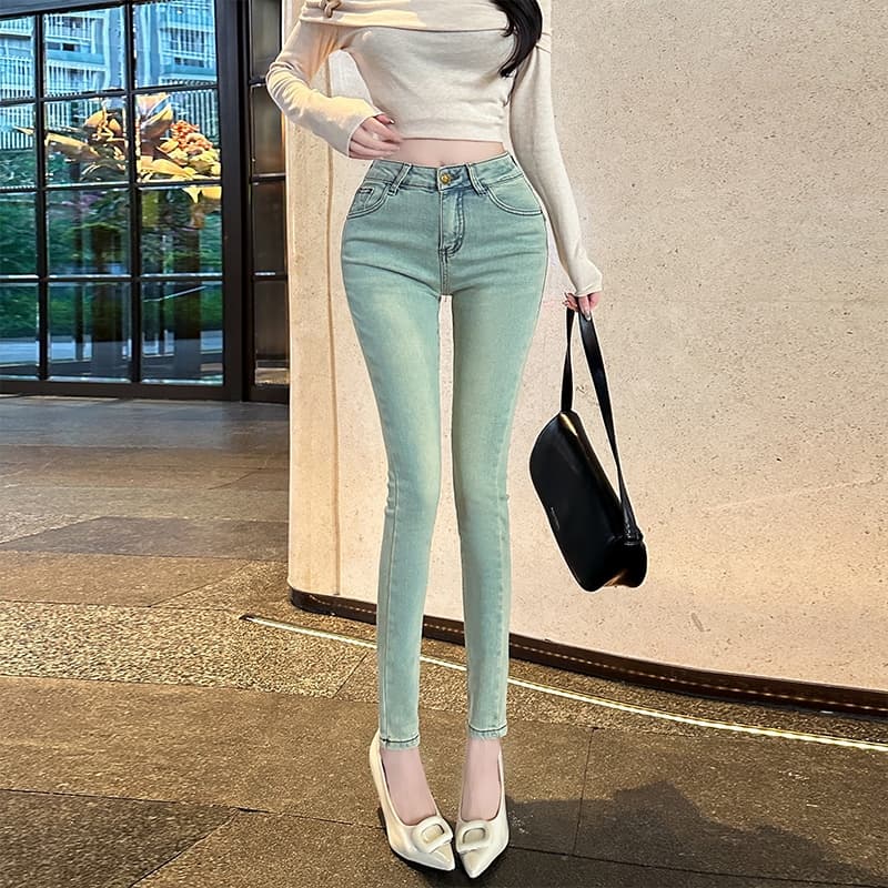 실사 아메리칸 레트로 워싱 하늘색 자수 작은 청바지 다용도 핫걸 리프트 엉덩이 타이트 연필 9부 바지 이미지 4