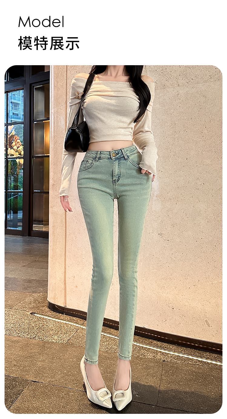 실사 아메리칸 레트로 워싱 하늘색 자수 작은 청바지 다용도 핫걸 리프트 엉덩이 타이트 연필 9부 바지 상세 이미지 18