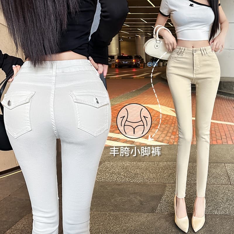 실사 토끼 버블 꽃차 애니 편지 오리지널 디자인 봄 새로운 펭 넓적 다리 작은 발 바지 하이 웨이스트 청바지