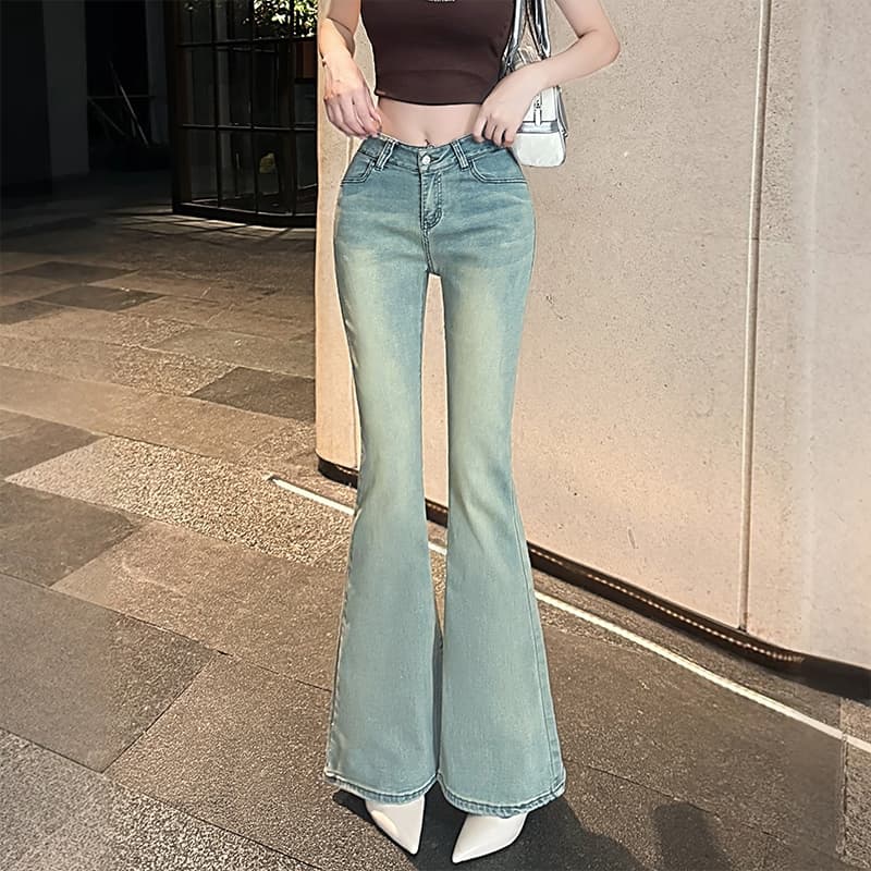 실사 한 여성 v 허리 바지 도시 자매 센스 인생 하느님 바지 와인 글라스 허리 워시 물 부츠컷 바지 이미지 4