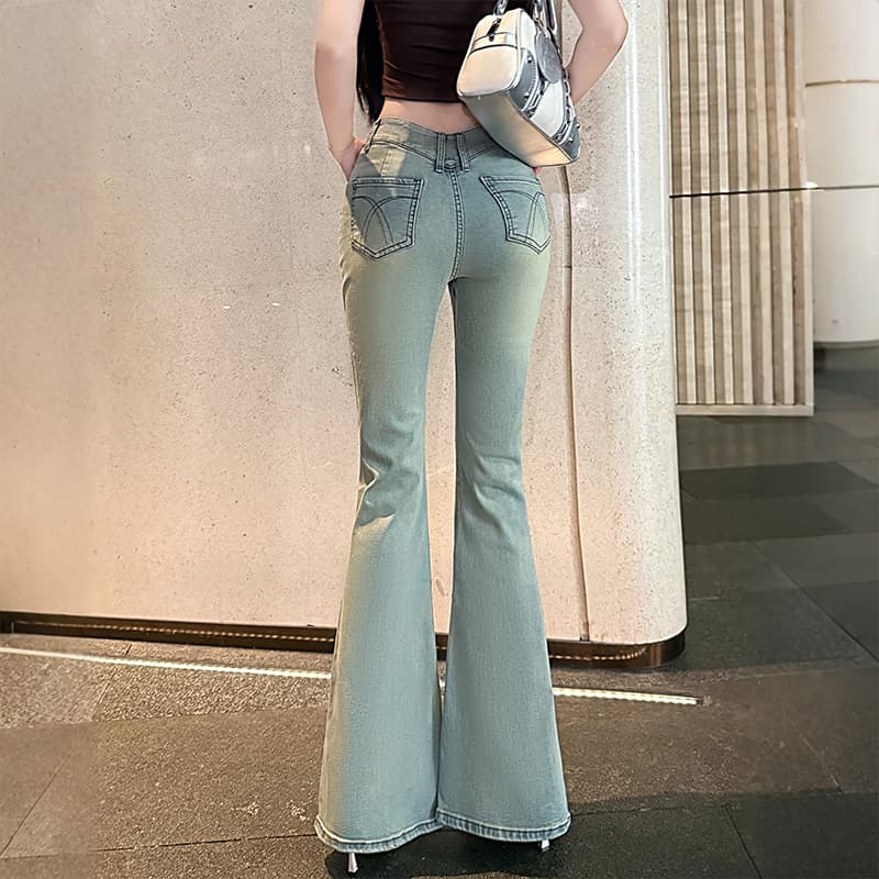 실사 한 여성 v 허리 바지 도시 자매 센스 인생 하느님 바지 와인 글라스 허리 워시 물 부츠컷 바지 이미지 5