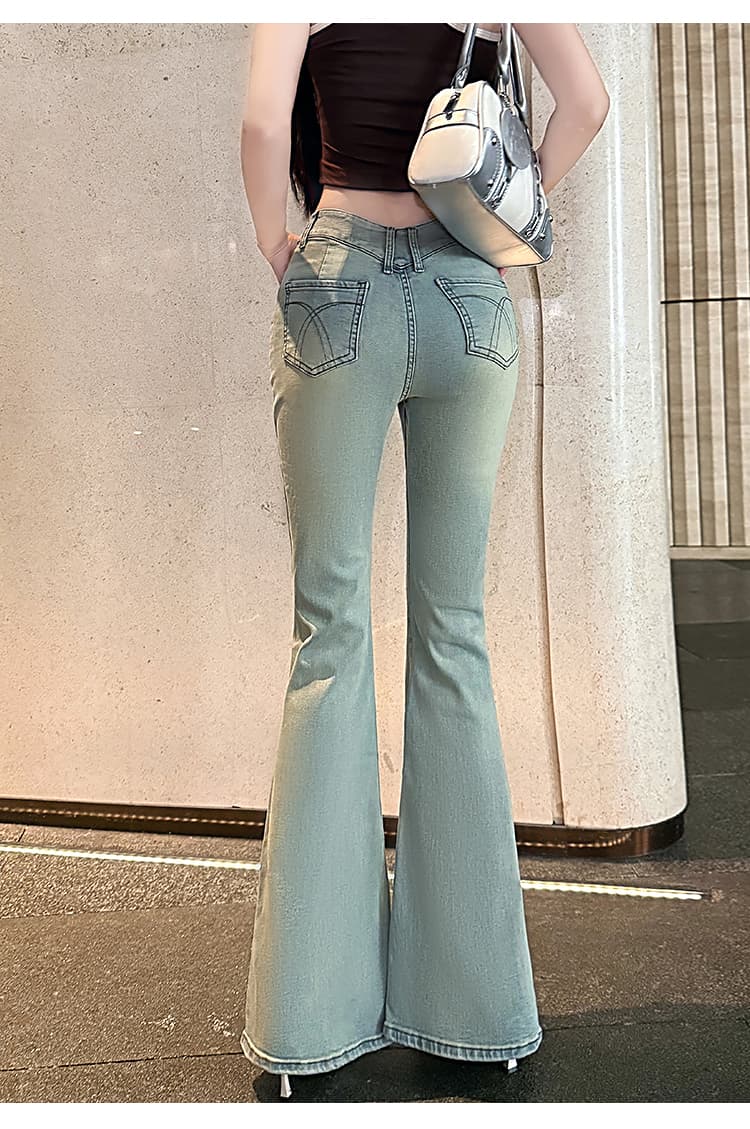 실사 한 여성 v 허리 바지 도시 자매 센스 인생 하느님 바지 와인 글라스 허리 워시 물 부츠컷 바지 상세 이미지 14