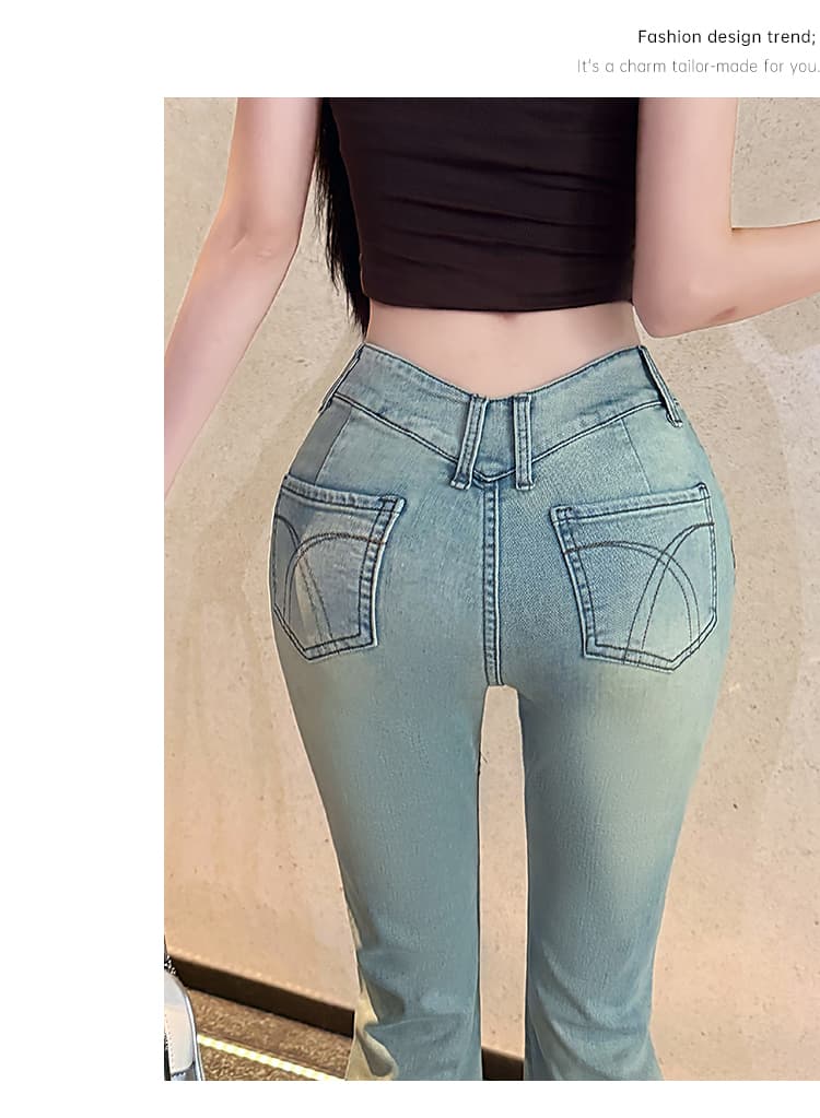 실사 한 여성 v 허리 바지 도시 자매 센스 인생 하느님 바지 와인 글라스 허리 워시 물 부츠컷 바지 상세 이미지 18
