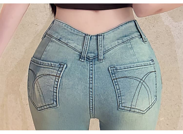 실사 한 여성 v 허리 바지 도시 자매 센스 인생 하느님 바지 와인 글라스 허리 워시 물 부츠컷 바지 상세 이미지 21