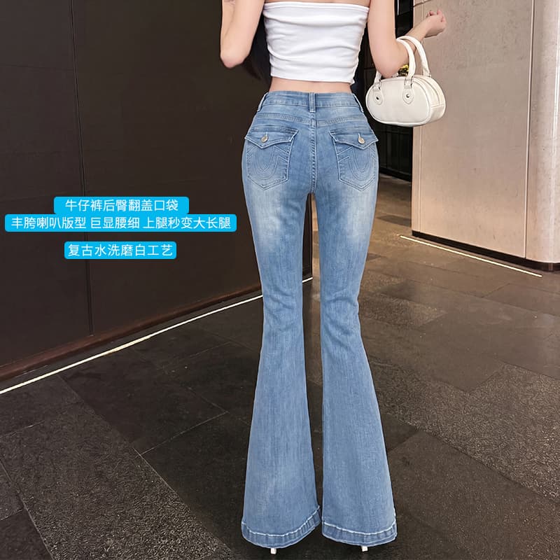 실사 cher 챠오어 데님 전용 라인 펭 넓적 다리 중간 허리 청바지 여성 여름 몸매 가꾸기 슬림해 보이는 마이크로 나팔 롱 바지 이미지 3