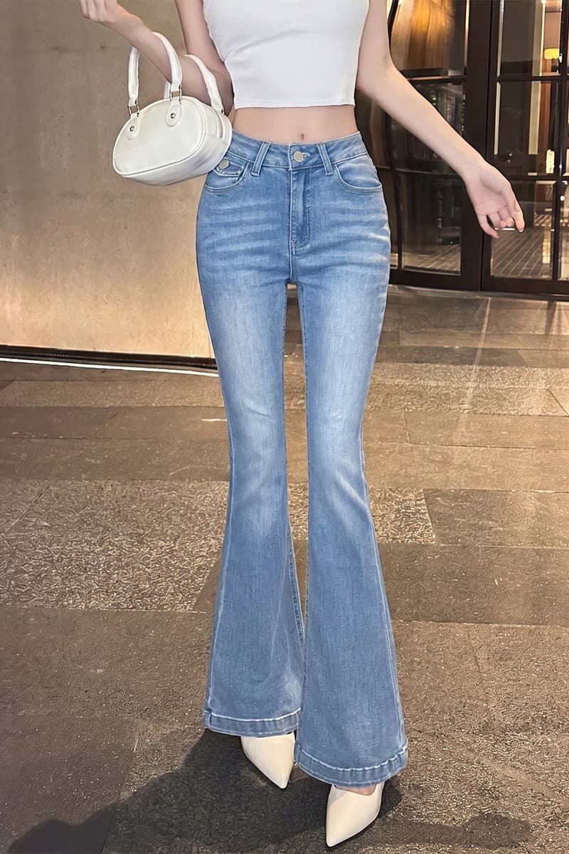 실사 cher 챠오어 데님 전용 라인 펭 넓적 다리 중간 허리 청바지 여성 여름 몸매 가꾸기 슬림해 보이는 마이크로 나팔 롱 바지 이미지 6