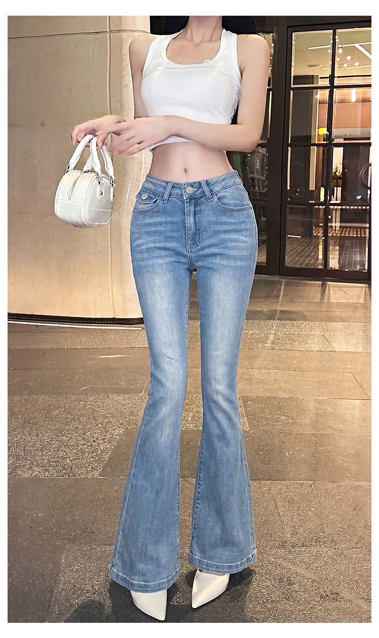 실사 cher 챠오어 데님 전용 라인 펭 넓적 다리 중간 허리 청바지 여성 여름 몸매 가꾸기 슬림해 보이는 마이크로 나팔 롱 바지 상세 이미지 12