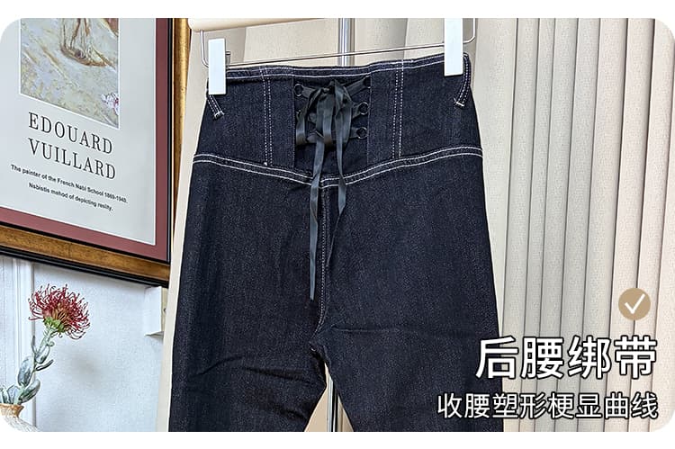 실사 한 부서 고대 조기 더블 v 허리 나비 스트랩 청바지 여성 디자인 센스 몸매 가꾸기 디스플레이 얇고 작은 부츠컷 긴 바지 상세 이미지 6