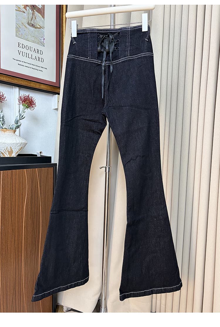 실사 한 부서 고대 조기 더블 v 허리 나비 스트랩 청바지 여성 디자인 센스 몸매 가꾸기 디스플레이 얇고 작은 부츠컷 긴 바지 상세 이미지 16
