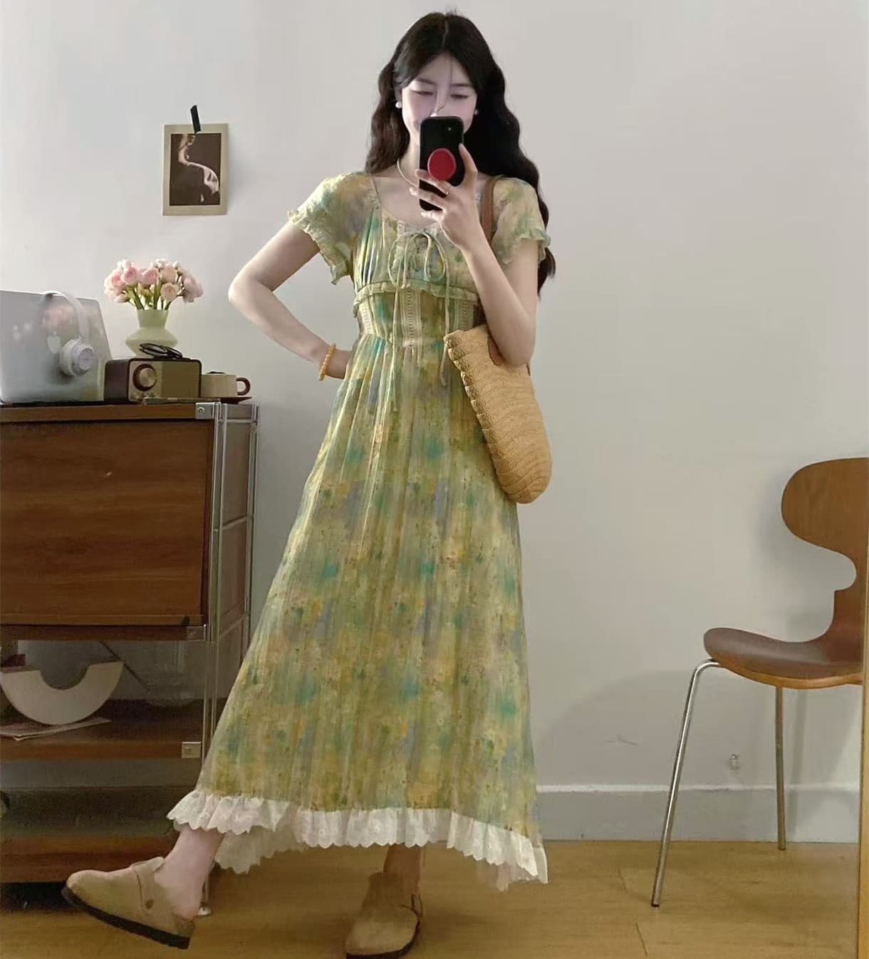 실사 빅 사이즈 환타지 정원 달콤함 첫사랑 치마 레이스 조각 유화 헤일로 염색 쉬폰 꽃무늬 드레스 이미지 3