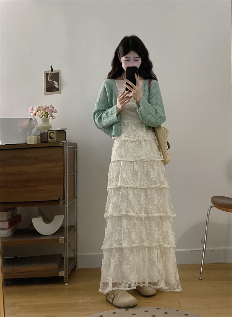 실사 빅 사이즈 봄 여름 새로운 박하 녹색 니트 오픈 가디건 레이스 케이크 슬립 드레스 표지 고기 세트 여성 상세 이미지 2