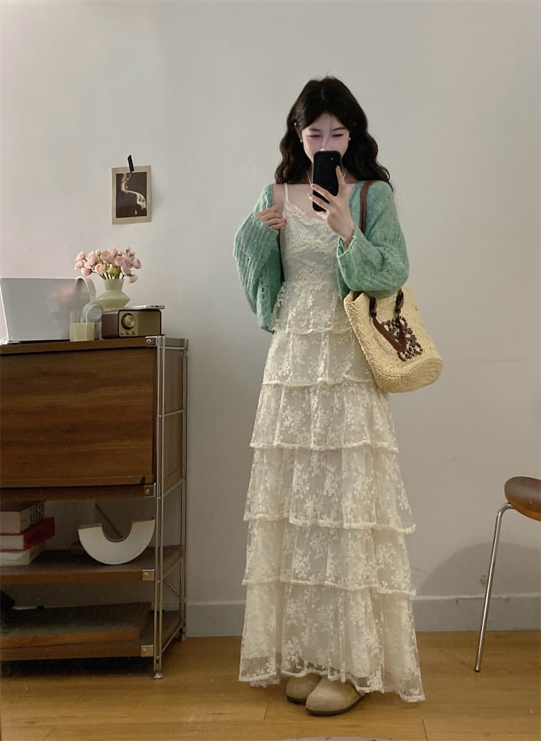 실사 빅 사이즈 봄 여름 새로운 박하 녹색 니트 오픈 가디건 레이스 케이크 슬립 드레스 표지 고기 세트 여성 상세 이미지 14