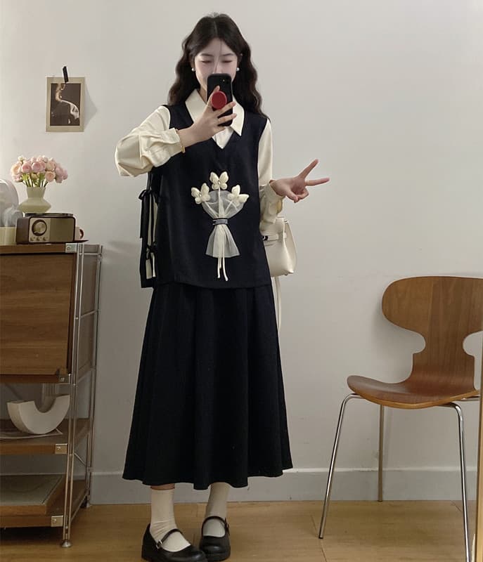 실사 2025 봄 빅 사이즈 페이크 레이어드 나비 넥타이 꽃 셔츠 코디 반신 스커트 투피스 세트 세트 이미지 3
