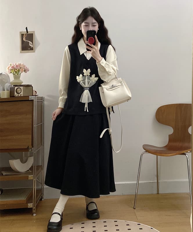 실사 2025 봄 빅 사이즈 페이크 레이어드 나비 넥타이 꽃 셔츠 코디 반신 스커트 투피스 세트 세트 이미지 4