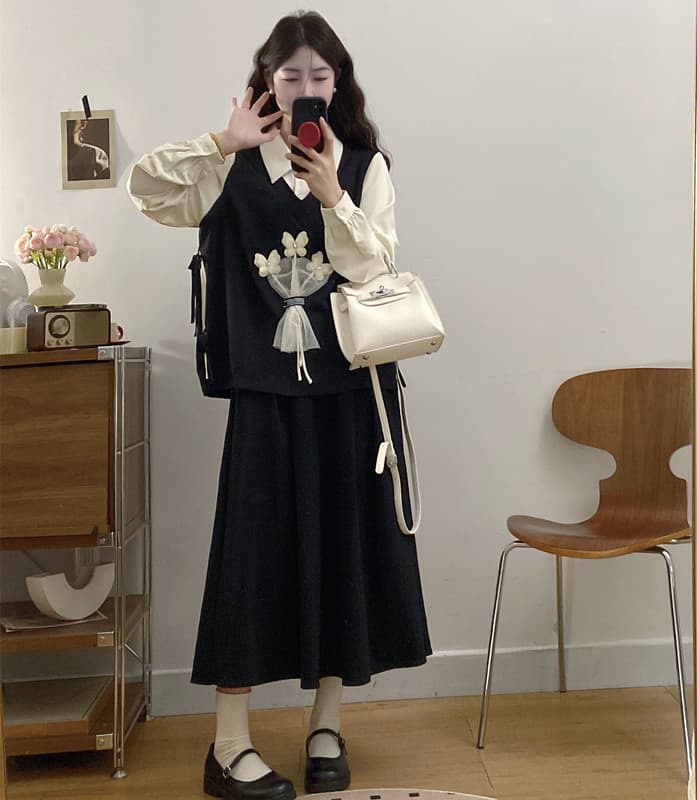 실사 2025 봄 빅 사이즈 페이크 레이어드 나비 넥타이 꽃 셔츠 코디 반신 스커트 투피스 세트 세트 이미지 2