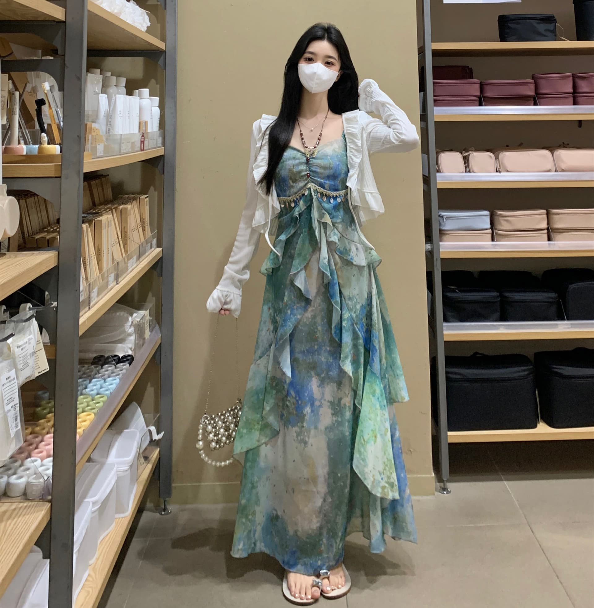실사 숲의 방 떠 다니는 여름 여름 슬립 품격 여성 드레스 여름 프린트 쉬폰 슬림해 보이는 표지 고기 드레스 이미지 3