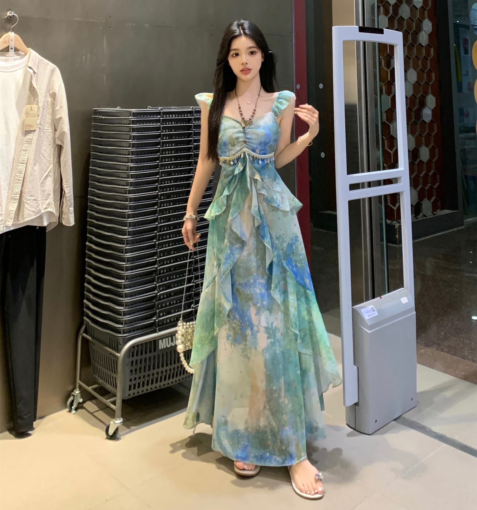 실사 숲의 방 떠 다니는 여름 여름 슬립 품격 여성 드레스 여름 프린트 쉬폰 슬림해 보이는 표지 고기 드레스 이미지 4