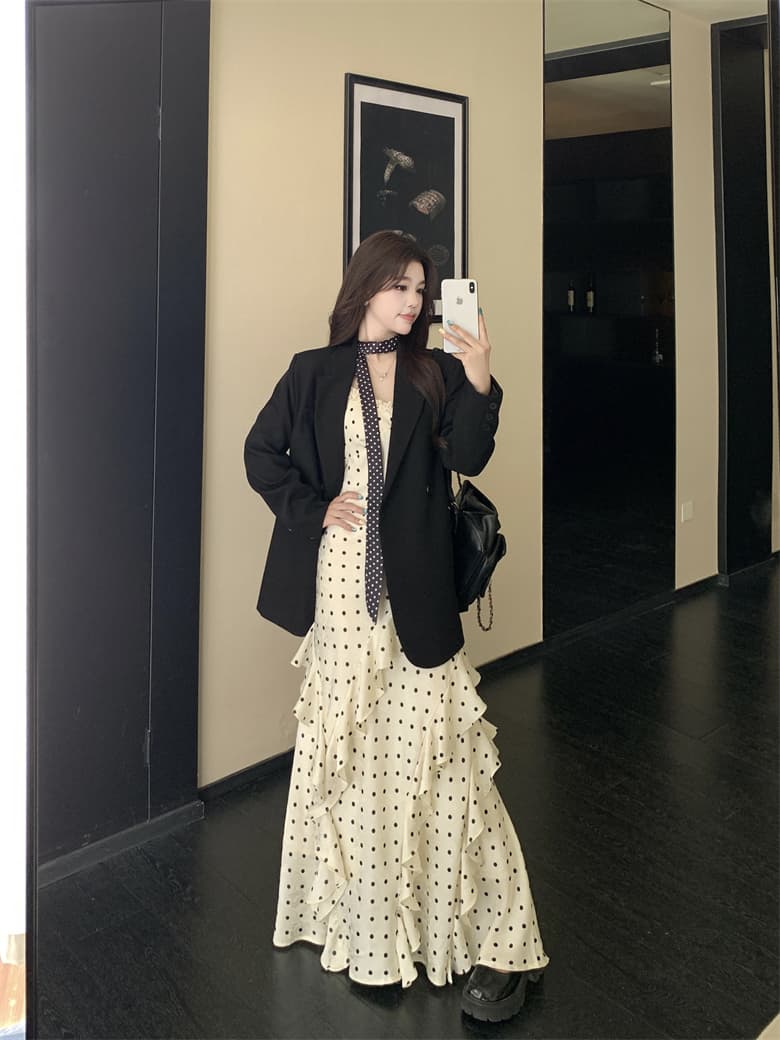 실사 프랑스식 도트 무늬 여성 드레스 봄 여름 슬림해 보이는 출퇴근 고급 센스 검정색 니트 오픈 가디건 세트 상세 이미지 20