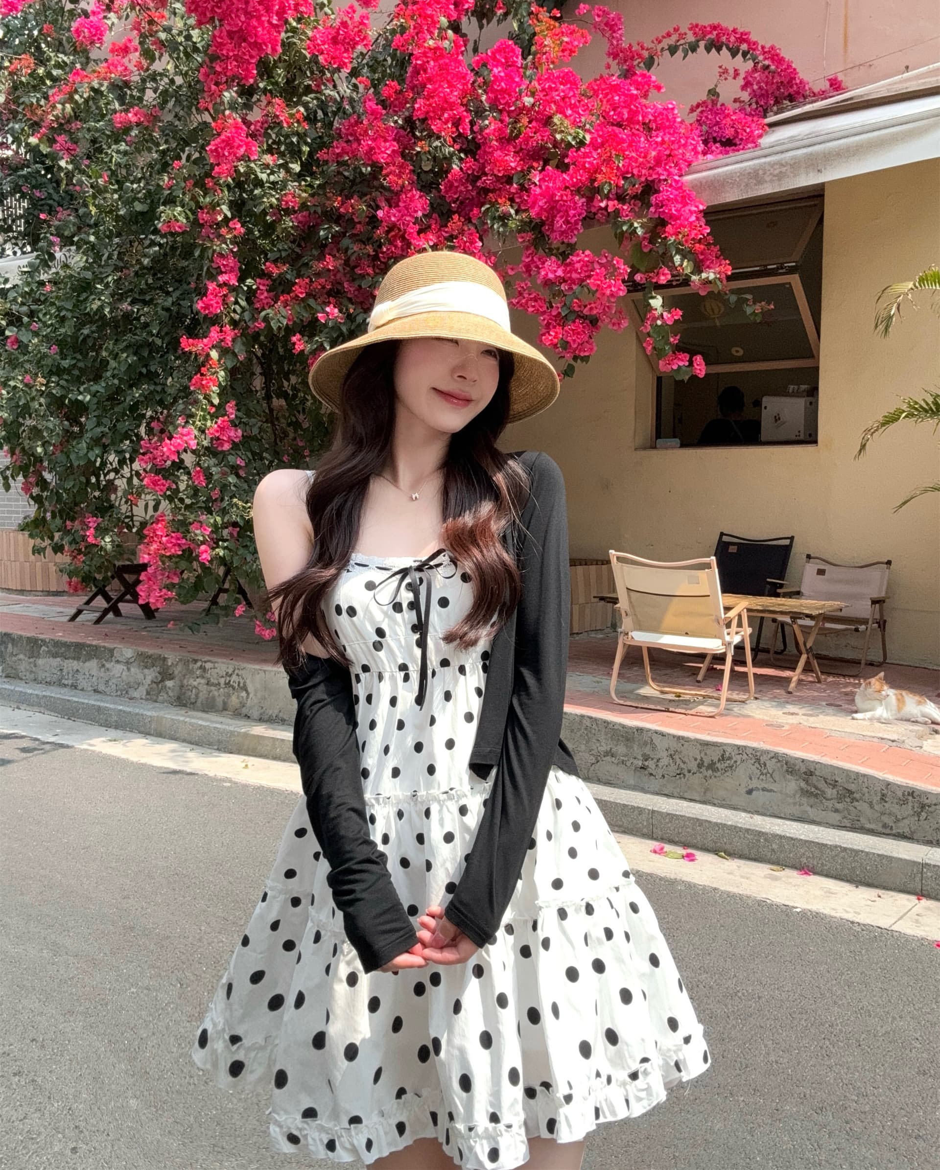 실사 빅 사이즈 2026 아모이 순수한 욕망 도트 무늬 프릴 한 마디 슬립 드레스 니트 오픈 가디건 달콤함 투피스 세트 이미지 2