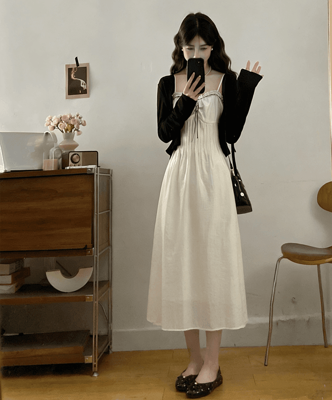 실사 빅 사이즈 지방 mm 프랑스식 슬림해 보이는 낭만주의 프릴 칼라 여성의 아파트 꿀 첫사랑 치마 주름 슬립 치마 세트 이미지 5