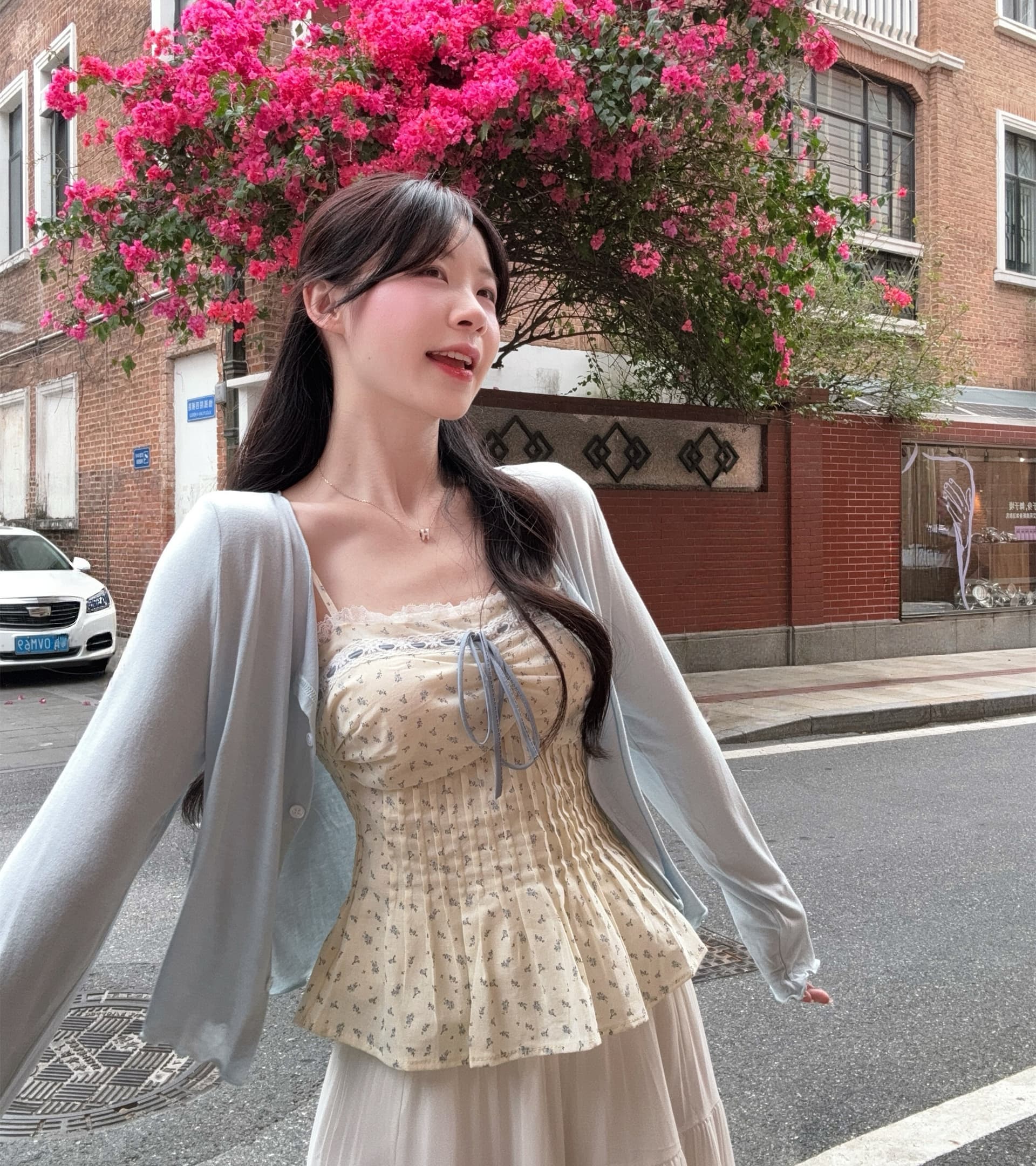 실사 빅 사이즈 꽃무늬 레이스 측면 스트랩 표지 배 슬립 맨위 오픈 가디건 쉬폰 플리츠 스커트 하나 세트 착용 가져 가라. 이미지 2