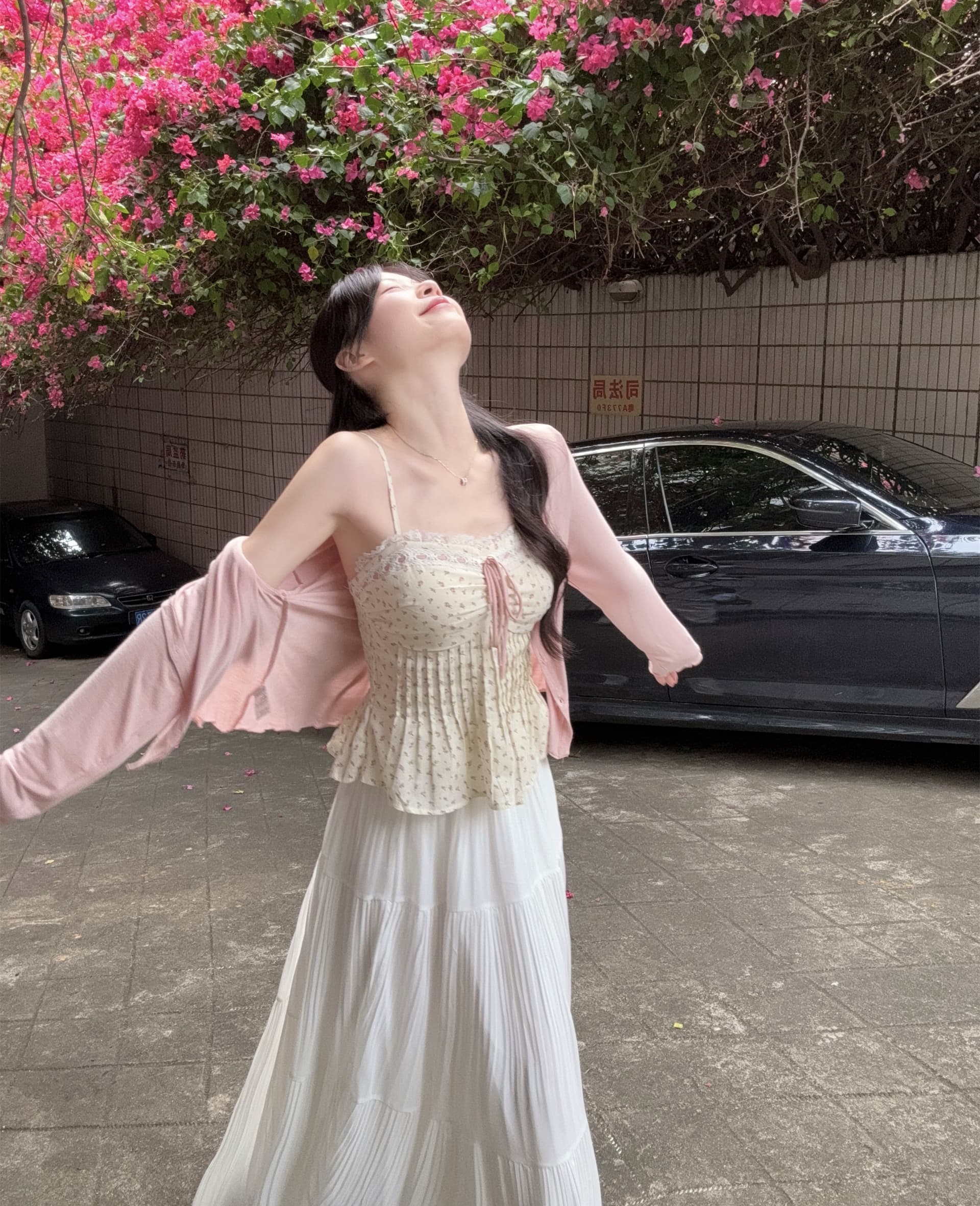 실사 빅 사이즈 꽃무늬 레이스 측면 스트랩 표지 배 슬립 맨위 오픈 가디건 쉬폰 플리츠 스커트 하나 세트 착용 가져 가라. 이미지 4