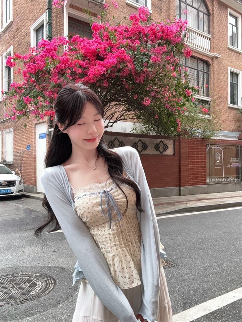 실사 빅 사이즈 꽃무늬 레이스 측면 스트랩 표지 배 슬립 맨위 오픈 가디건 쉬폰 플리츠 스커트 하나 세트 착용 가져 가라. 상세 이미지 3
