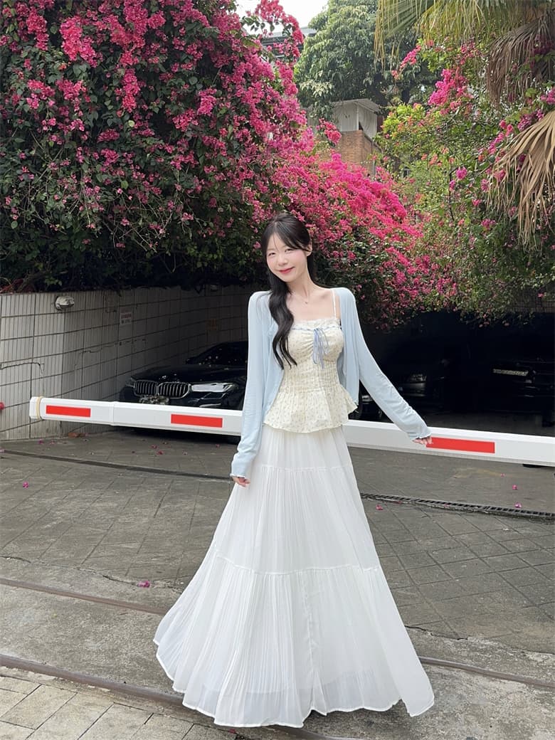 실사 빅 사이즈 꽃무늬 레이스 측면 스트랩 표지 배 슬립 맨위 오픈 가디건 쉬폰 플리츠 스커트 하나 세트 착용 가져 가라. 상세 이미지 5