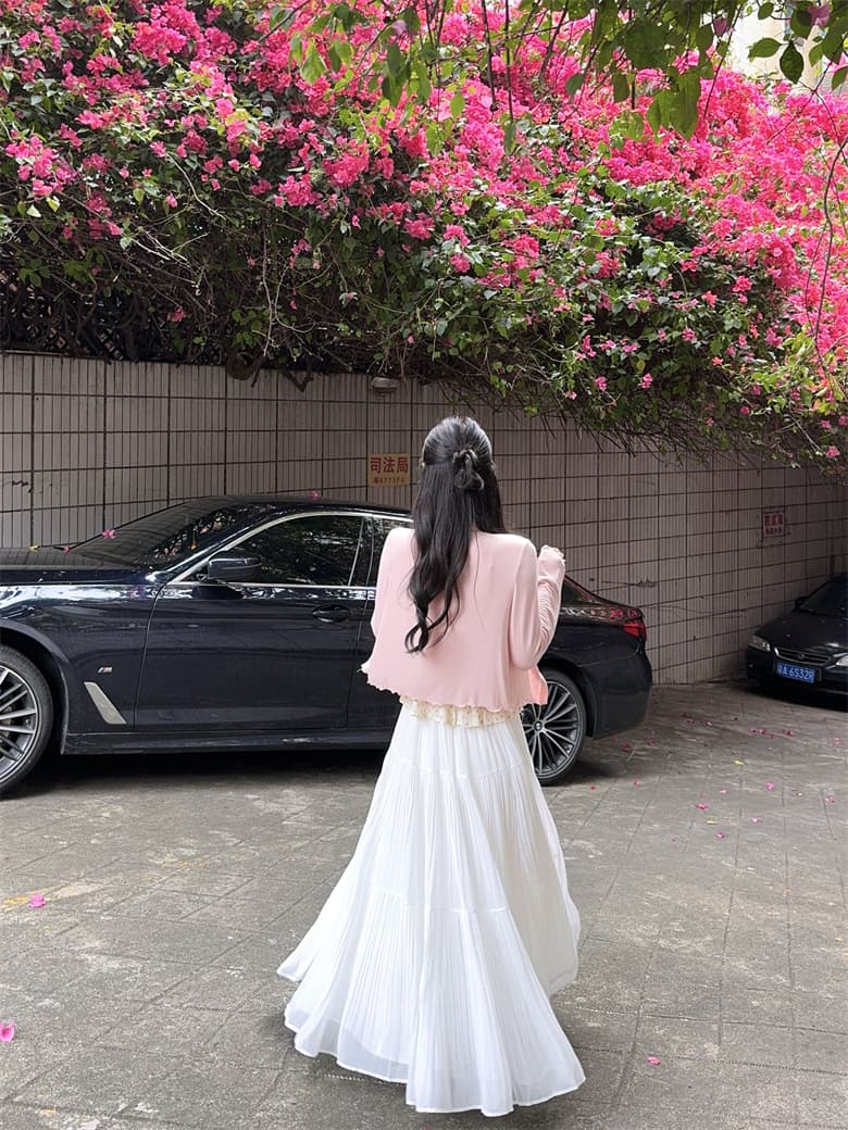 실사 빅 사이즈 꽃무늬 레이스 측면 스트랩 표지 배 슬립 맨위 오픈 가디건 쉬폰 플리츠 스커트 하나 세트 착용 가져 가라. 상세 이미지 14