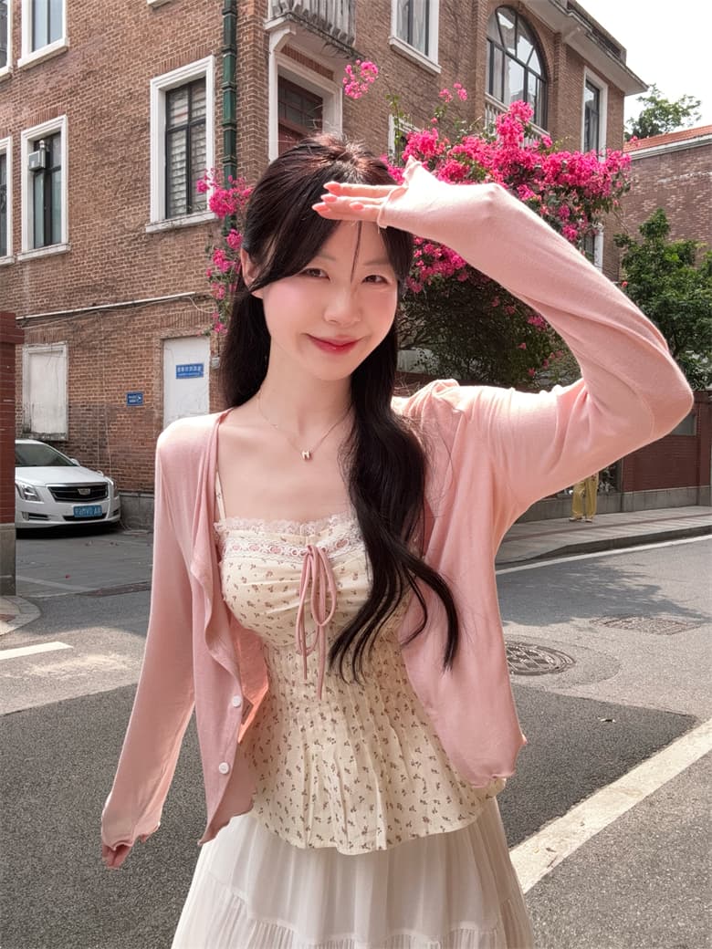 실사 빅 사이즈 꽃무늬 레이스 측면 스트랩 표지 배 슬립 맨위 오픈 가디건 쉬폰 플리츠 스커트 하나 세트 착용 가져 가라. 상세 이미지 19