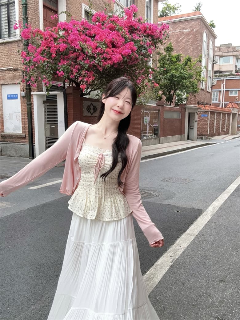 실사 빅 사이즈 꽃무늬 레이스 측면 스트랩 표지 배 슬립 맨위 오픈 가디건 쉬폰 플리츠 스커트 하나 세트 착용 가져 가라. 상세 이미지 22