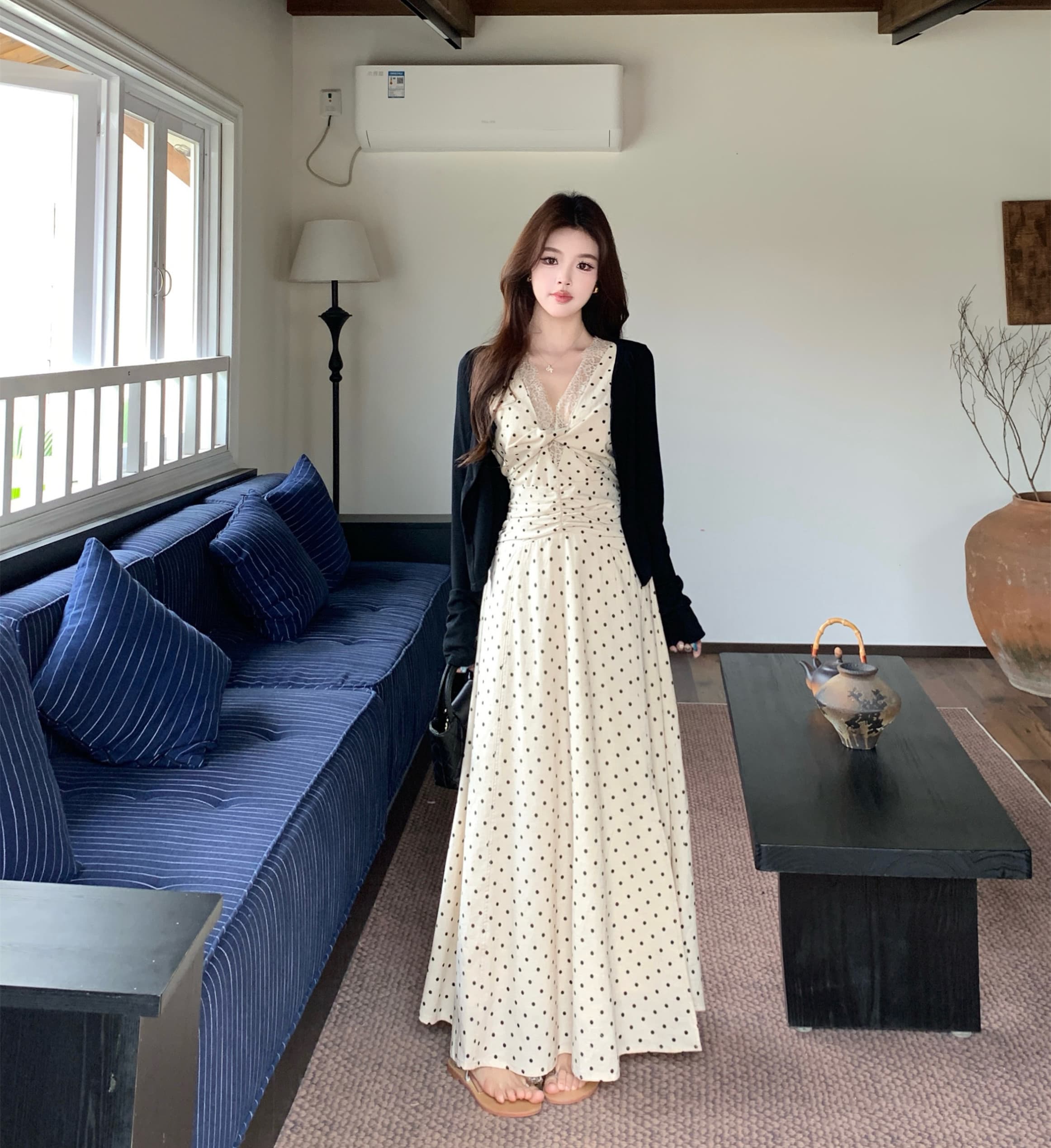 실사 빅 사이즈 여름 레이스 민소매 도트 무늬 드레스 무거운 작업 아마 허리 수축 휴가 치마 코디 오픈 가디건 이미지 2