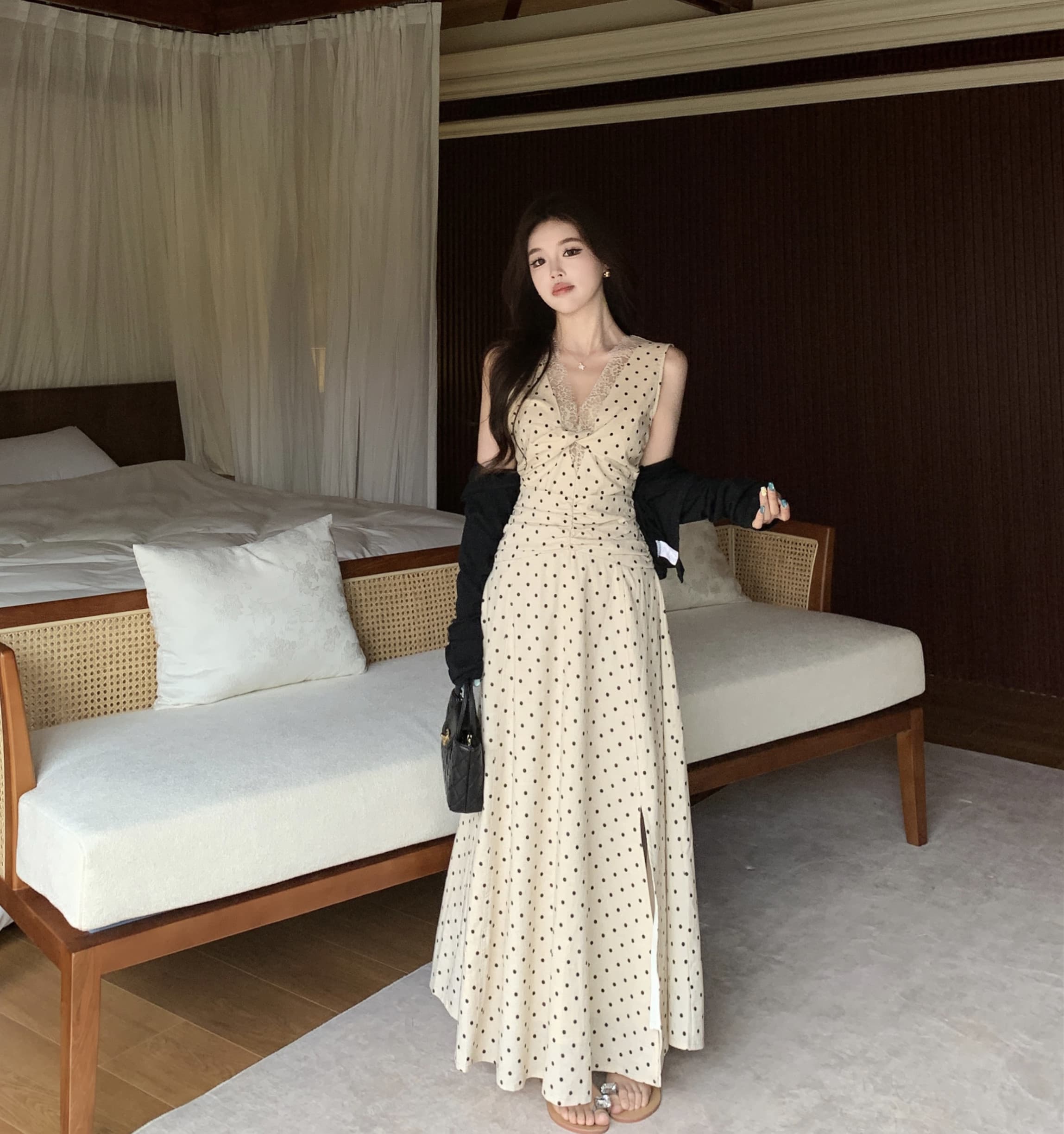 실사 빅 사이즈 여름 레이스 민소매 도트 무늬 드레스 무거운 작업 아마 허리 수축 휴가 치마 코디 오픈 가디건 이미지 3