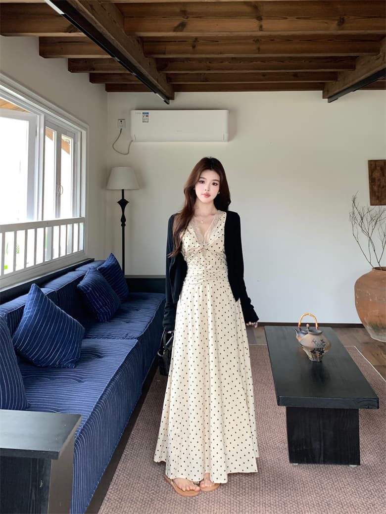 실사 빅 사이즈 여름 레이스 민소매 도트 무늬 드레스 무거운 작업 아마 허리 수축 휴가 치마 코디 오픈 가디건 상세 이미지 3