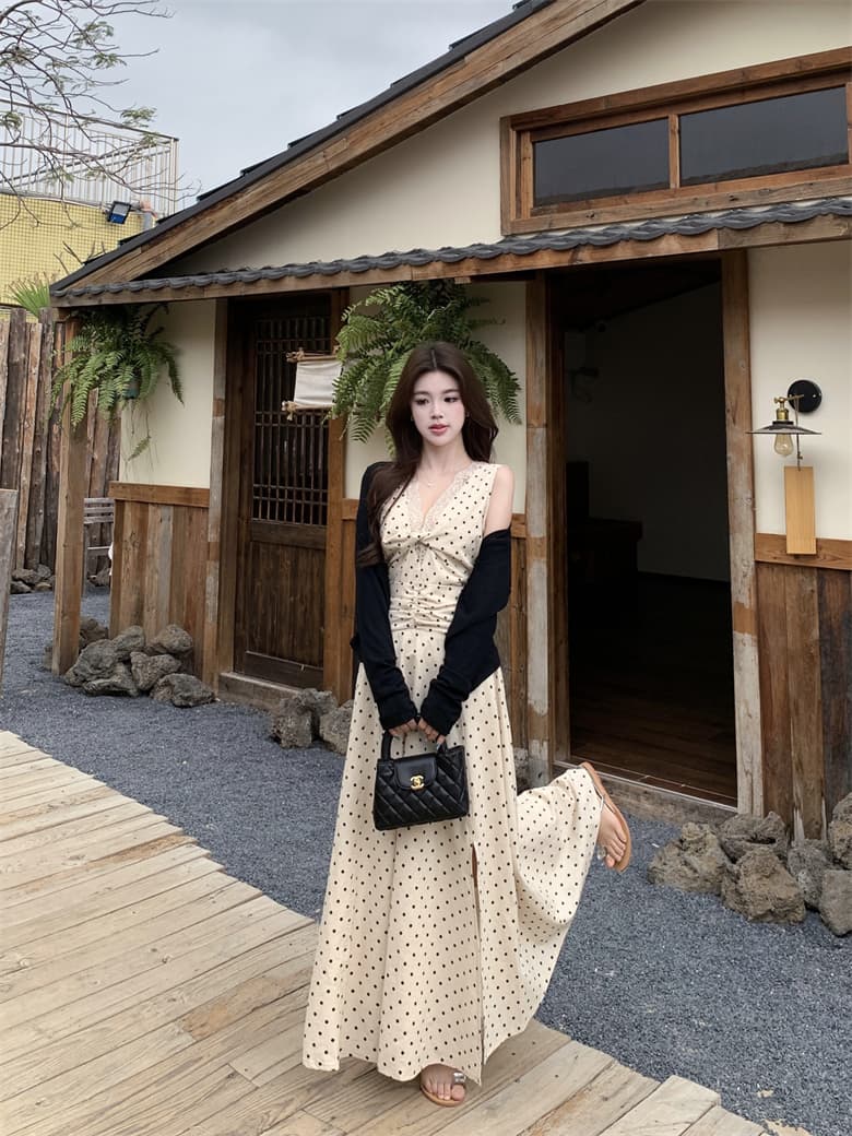 실사 빅 사이즈 여름 레이스 민소매 도트 무늬 드레스 무거운 작업 아마 허리 수축 휴가 치마 코디 오픈 가디건 상세 이미지 6