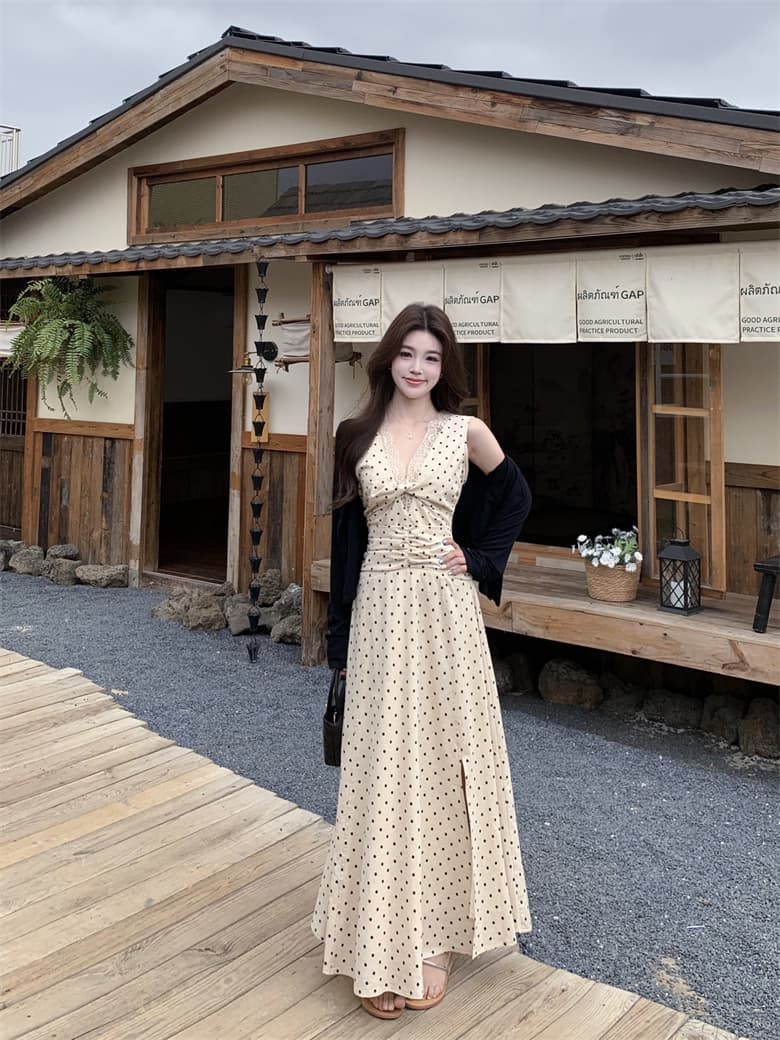 실사 빅 사이즈 여름 레이스 민소매 도트 무늬 드레스 무거운 작업 아마 허리 수축 휴가 치마 코디 오픈 가디건 상세 이미지 13