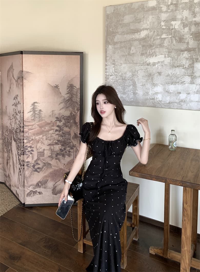 실사 빅 사이즈 여름 프랑스식 레트로 디자인 센스 허리 수축 슬림해 보이는 반팔 드레스 하트 쉬폰 롱 스커트 상세 이미지 9