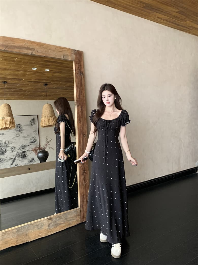 실사 빅 사이즈 여름 프랑스식 레트로 디자인 센스 허리 수축 슬림해 보이는 반팔 드레스 하트 쉬폰 롱 스커트 상세 이미지 11