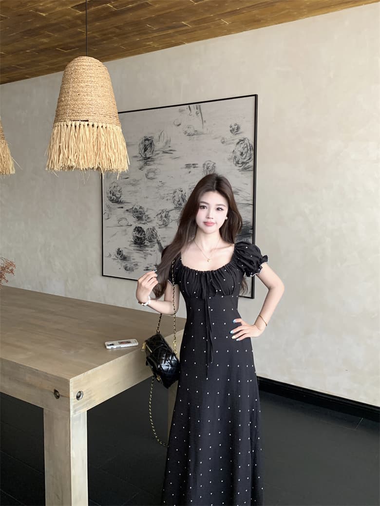 실사 빅 사이즈 여름 프랑스식 레트로 디자인 센스 허리 수축 슬림해 보이는 반팔 드레스 하트 쉬폰 롱 스커트 상세 이미지 12