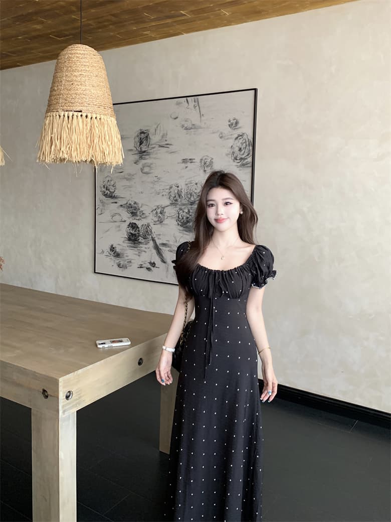 실사 빅 사이즈 여름 프랑스식 레트로 디자인 센스 허리 수축 슬림해 보이는 반팔 드레스 하트 쉬폰 롱 스커트 상세 이미지 13