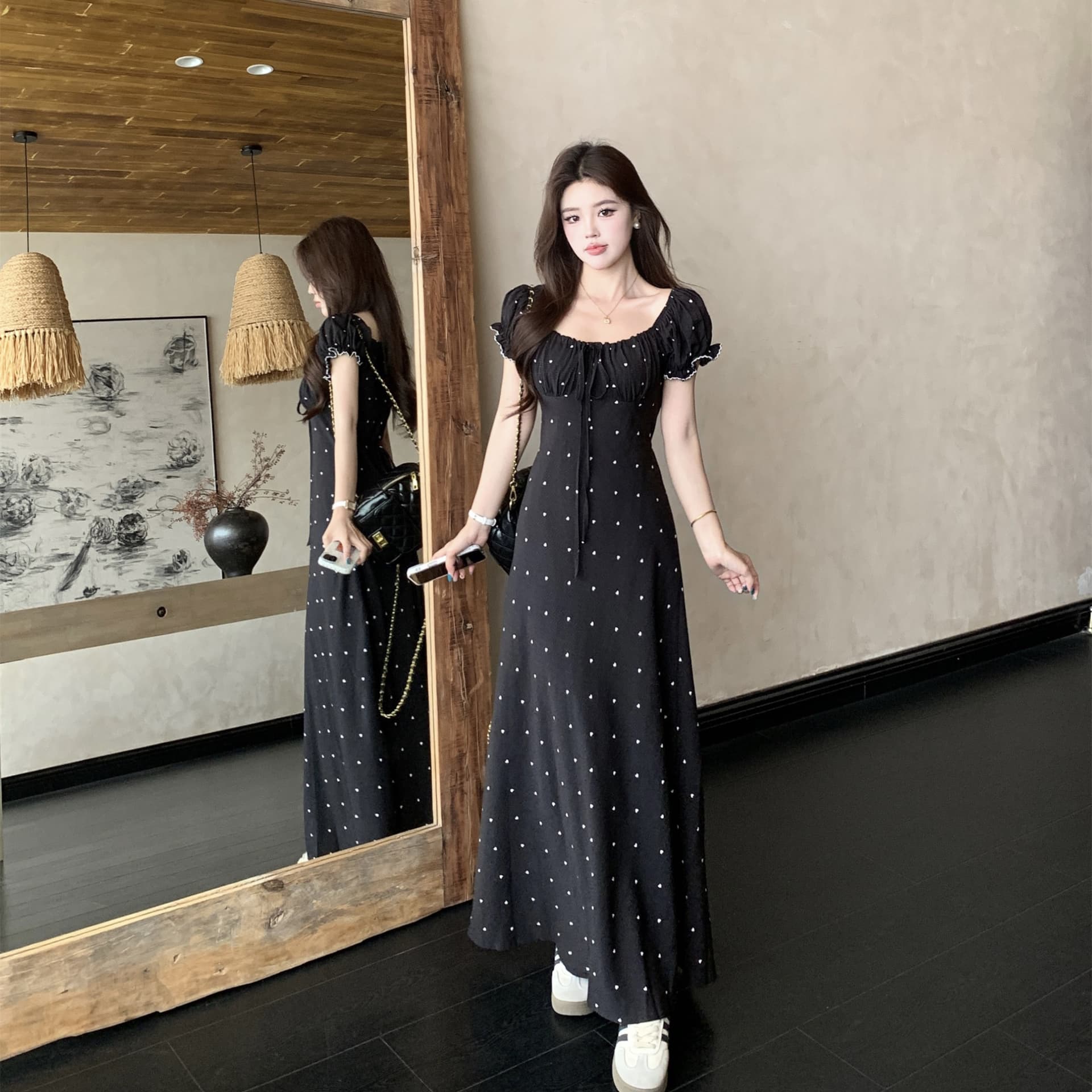 실사 빅 사이즈 여름 프랑스식 레트로 디자인 센스 허리 수축 슬림해 보이는 반팔 드레스 하트 쉬폰 롱 스커트 이미지 2