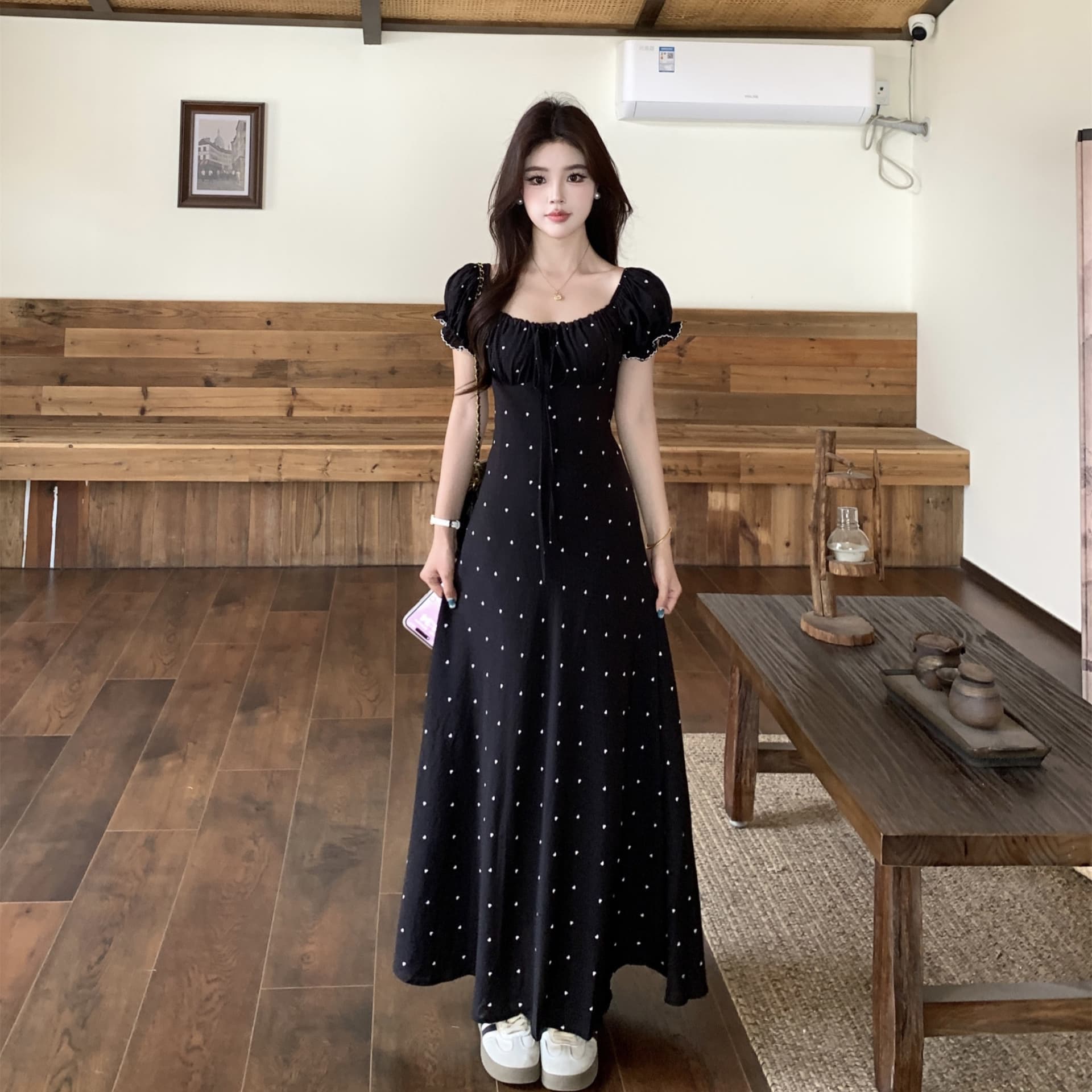 실사 빅 사이즈 여름 프랑스식 레트로 디자인 센스 허리 수축 슬림해 보이는 반팔 드레스 하트 쉬폰 롱 스커트 이미지 3