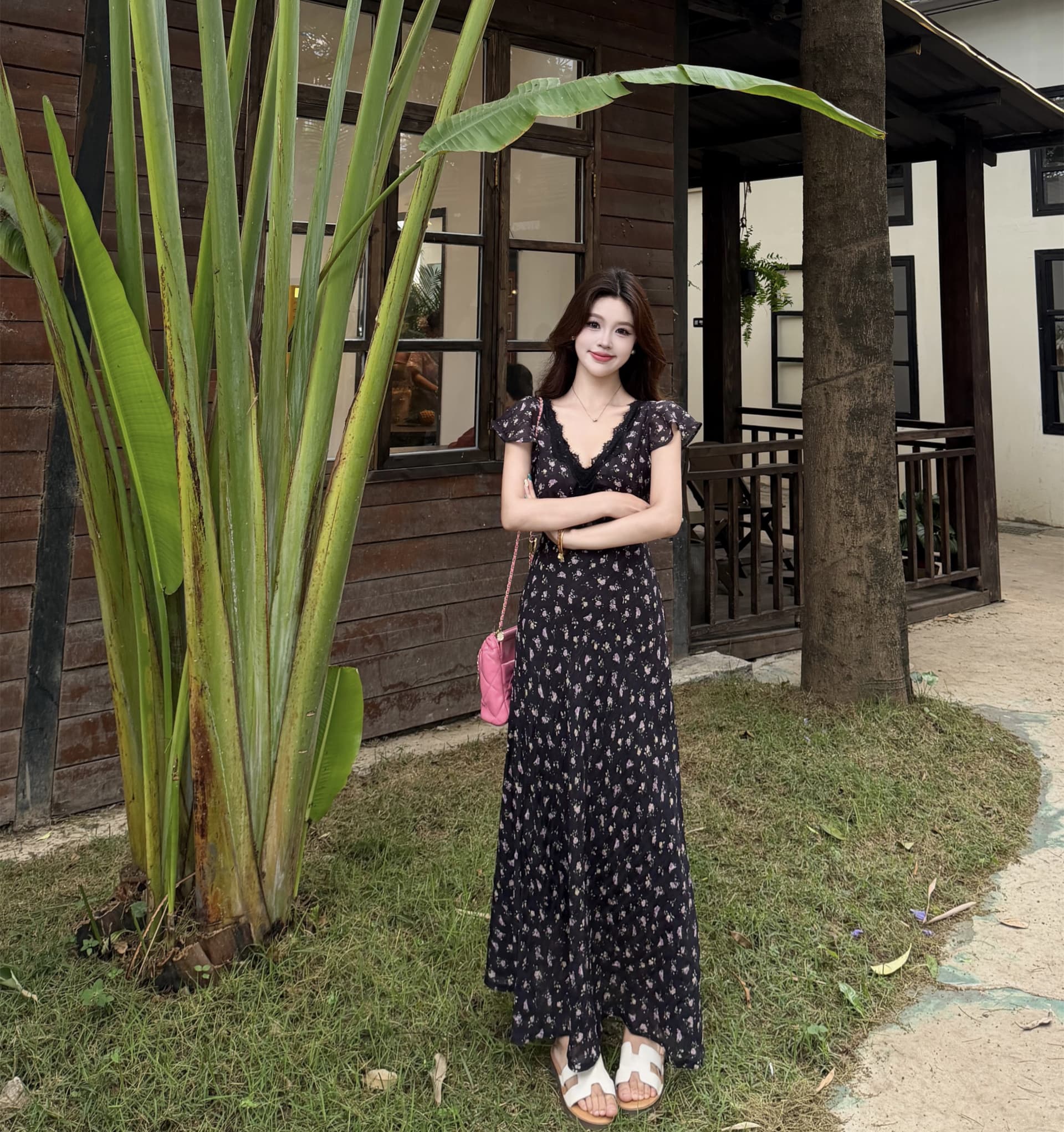 실사 빅 사이즈 여름 프랑스식 레이스 우아함 허리 수축 쉬폰 꽃무늬 여성 드레스 순수한 욕망 휴가 롱 스커트 여름 이미지 4