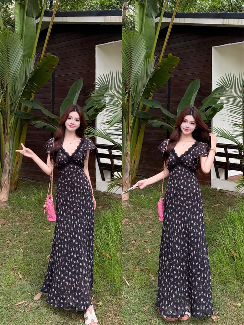 실사 빅 사이즈 여름 프랑스식 레이스 우아함 허리 수축 쉬폰 꽃무늬 여성 드레스 순수한 욕망 휴가 롱 스커트 여름 상세 이미지 2